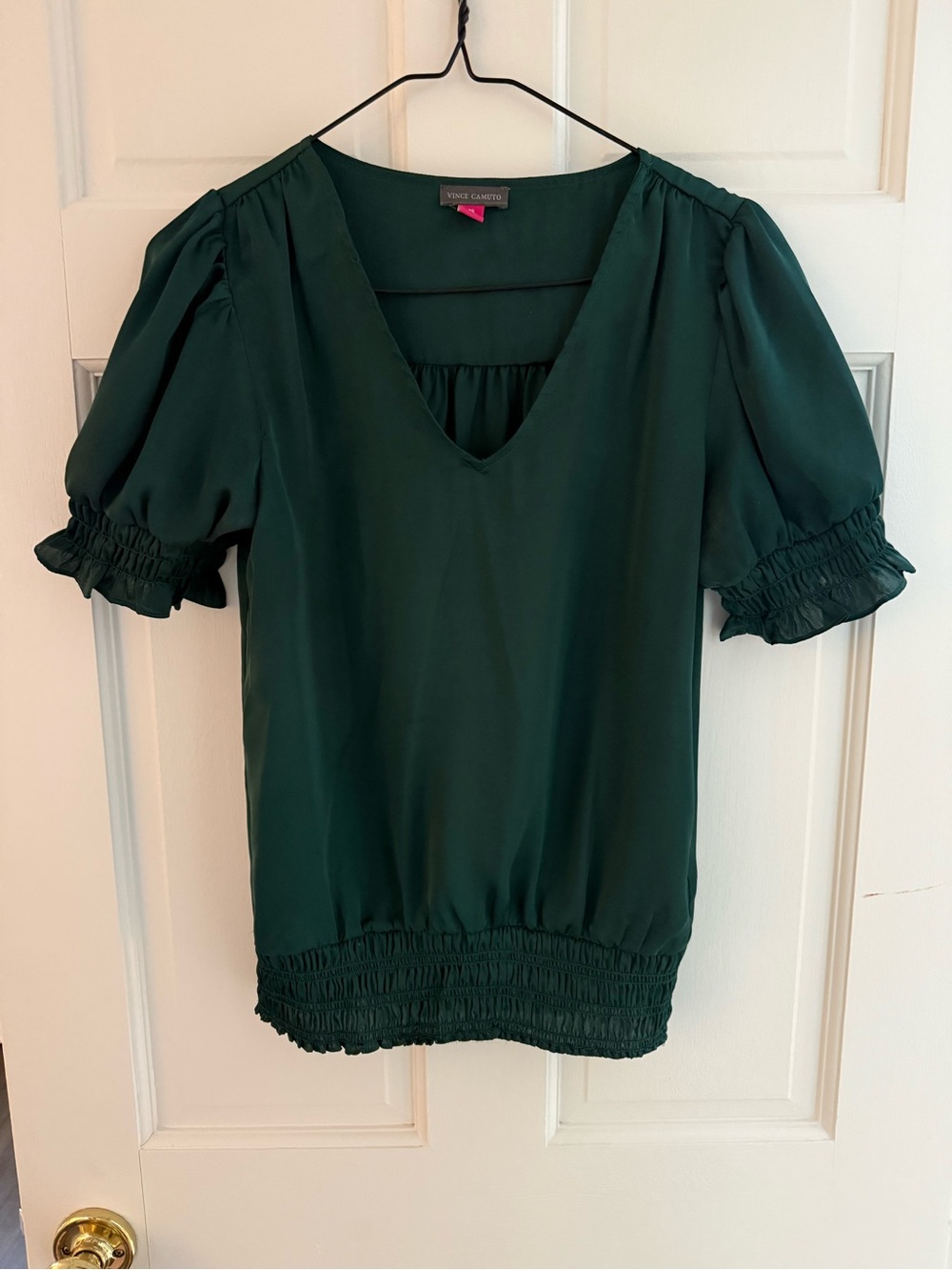 VINCE CAMUTO DARK GREEN WOMENS PUFF SLEEVE BLOUSE SIZE SMALL
